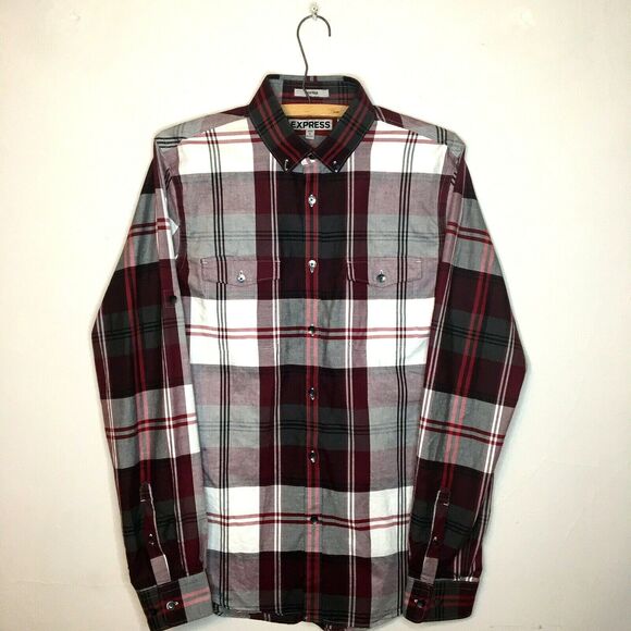 Express Other - Express Mens Dress Shirt S Plaid Red White Gray Maroon Fitted Button Up 14 -14.5